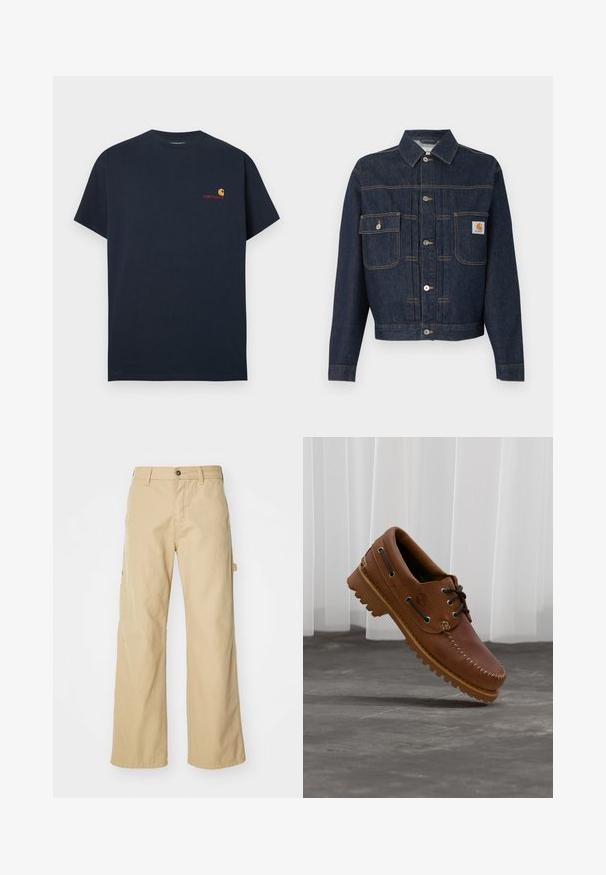 Veste en denim bleu foncé avec boutonnière à l'avant, deux poches poitrine—une avec rabat à bouton, l'autre avec une petite étiquette sur la poche droite.; T-shirt en coton bleu marine à manches courtes et col rond. Présente un petit logo Carhartt en orange et rouge sur la poitrine gauche.; Pantalons cargo larges beiges avec fermeture à bouton, dotés de poches latérales, fabriqués en coton robuste, avec une texture lisse et un design droit.; Chaussure de bateau en cuir marron avec des lacets noirs, des coutures beiges et une semelle robuste, suspendue au-dessus d'un sol en béton gris.
