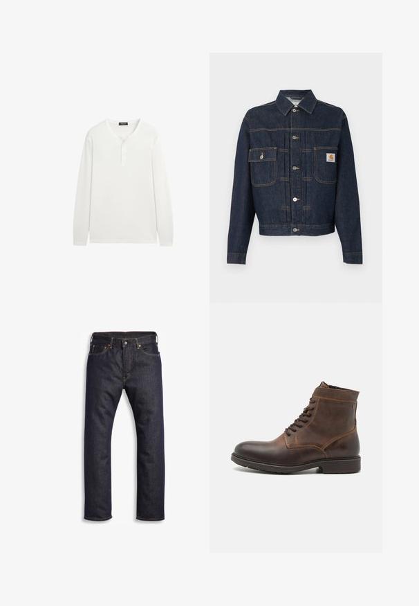 Dark blue denim jacket with button front, two chest pockets—one with button flap, the other with a small label on the right pocket.; White long-sleeve henley shirt with a round neckline and three small buttons on the front placket.; Dark blue denim jeans with straight cut, five-pocket design, metal hardware, and contrasting orange stitching. Smooth texture, no visible patterns.; Jack & Jones JFWDELANEY BOOT - Lace-up ankle boots - cognac