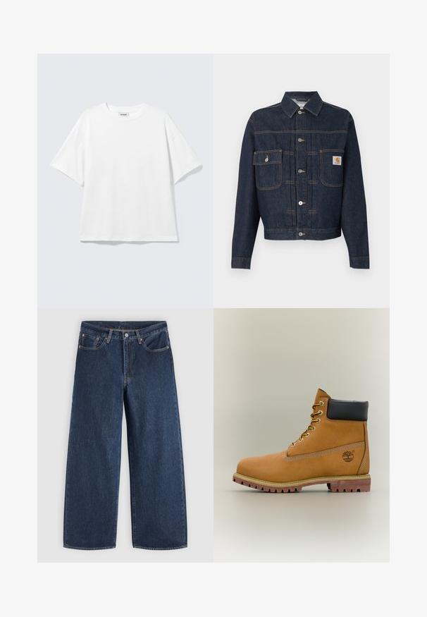 Veste en denim bleu foncé avec boutonnière à l'avant, deux poches poitrine—une avec rabat à bouton, l'autre avec une petite étiquette sur la poche droite.; T-shirt blanc oversize à manches courtes, col rond, épaules tombantes, posé à plat sur fond gris clair.; Jean en denim bleu foncé à jambes larges avec poches avant, fermeture à boutons et passants de ceinture, posé à plat sur un fond clair.; Bottine en cuir marron avec col noir, lacets jaunes et semelle beige. Présente un logo et des détails de couture blanche. Semelle extérieure à traction robuste.