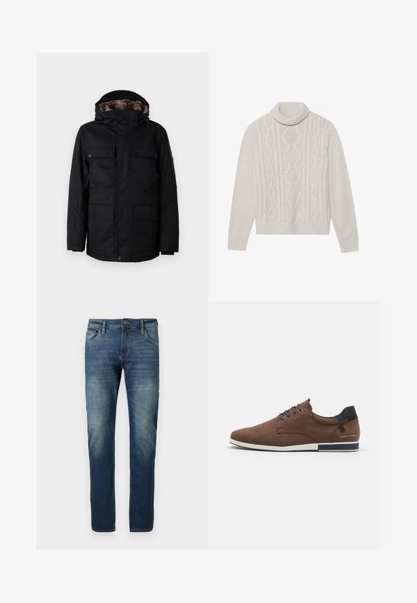 TOM TAILOR FIELDJACKET - Vinterfrakke - black; Cremefarvet kabelstrikket sweater med høj ribkant, prydet med et struktureret mønster samt ribbede manchetter og kant. Blødt uldblend materiale.; Blå denimjeans med lige ben, slidt fordybning, kontraststing, fem lommer og en knaplukning.; Brune læder sko med en glat tekstur, der har marineblå accenter, runde snørebånd, perforerede detaljer og en hvid gummisål.