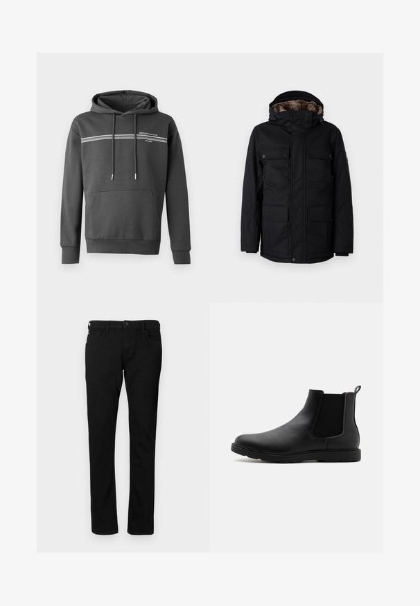 TOM TAILOR FIELDJACKET - Vinterfrakke - black; Mørkegrå hoodie lavet af blødt materiale, med hvide vandrette striber, en kængurulomme og justerbar snoretræk i hætten.; Sorte denim jeans med en slim fit, der har forlommer, bæltestropper og en knaplukning. Glat tekstur med en ensfarvet overflade.; Sorte læder Chelsea støvle med elastiske sidepaneler, en trækflap og en holdbar gummisål. Glat tekstur og strømlinet design.