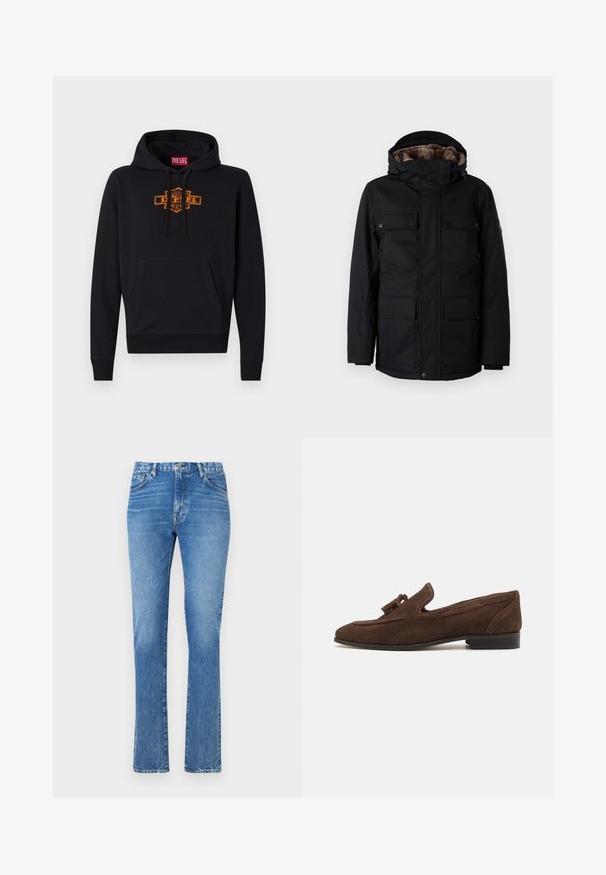TOM TAILOR FIELDJACKET - Talvitakki - black; Mustapaita, jossa on etupuolella kengurupussitasku, säätönyöri hatussa ja oranssi graafinen logo rinnassa. Pehmeä puuvillasekoitemateriaali.; Vaaleansiniset farkut suoralla lahkeella, keskikorkealla vyötäröllä ja viiden taskun tyylillä. Ompeleet ovat näkyvissä ja suljenta tapahtuu napilla.; Ruskeat mokkasandaalit matalalla korolla, joissa on koristeellinen tupsu ja ommeltuja yksityiskohtia sivuilla. Sileä pinta ja hienostunut muoto.