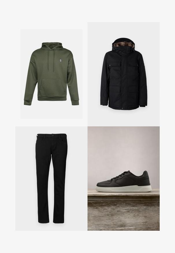TOM TAILOR FIELDJACKET - Vinterfrakke - black; Oliven grøn hættetrøje med quiltet tekstur, en central kengurulomme og et lille broderet logo på brystet. Justerbar snøre i huen.; Sorte denim jeans med en slim fit, der har forlommer, bæltestropper og en knaplukning. Glat tekstur med en ensfarvet overflade.; Sort sneaker med hvid sål hængende over en træbænk, grønne blade i den slørede baggrund.