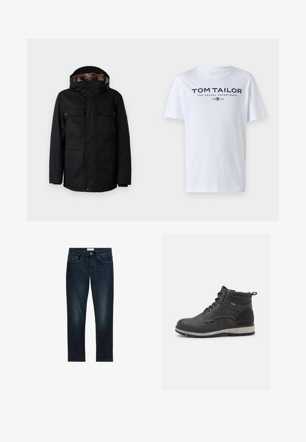 TOM TAILOR FIELDJACKET - Vinterfrakke - black; Hvid bomulds t-shirt med rund hals, korte ærmer og navy tekst, der læser "TOM TAILOR THE CASUAL DEPARTMENT 1962."; Mørkeblå denim jeans med slim fit, der har fem lommer, knaplukning og diskret falmning foran for tekstur.; Sorte læder ankelstøvler med en grå tekstilkrave, snøre-design og en lys grå gummisål med skridsikre mønstre.