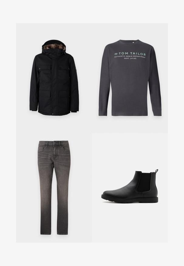 TOM TAILOR FIELDJACKET - Vinterfrakke - black; TOM TAILOR PRINTED - Langærmet T-shirt - tarmac grey; TOM TAILOR JOSH - Jeans Straight Leg - used dark stone black denim; Sorte læder Chelsea støvle med elastiske sidepaneler, en trækflap og en holdbar gummisål. Glat tekstur og strømlinet design.