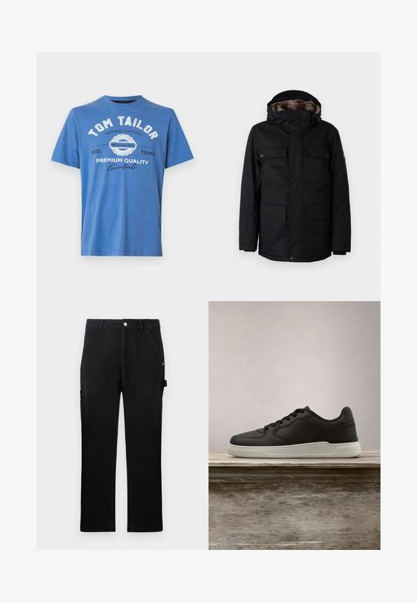 TOM TAILOR FIELDJACKET - Talvitakki - black; Sininen lyhythihainen T-paita, joka on valmistettu puuvillasta. Siinä on painettu teksti "TOM TAILOR" ja logo. Klassinen pyöreä pääntie ja suora helma.; Mustat suorat työhousut etutaskuilla, vyölenkeillä, napilla suljettuna ja sivutyökalutasku, tasaisella taustalla.; Musta lenkkari valkoisella pohjalla roikkuu puupenkillä, taustalla sumeaa vihreää kasvillisuutta.