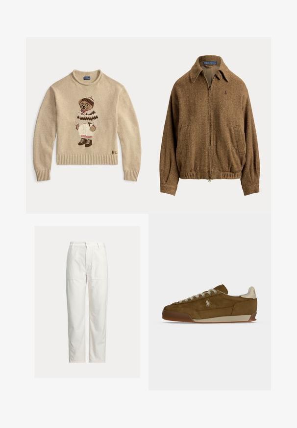 Bruine visgraat-ritsjas jas met kraag, twee voorzakken, elastische taille en klein geborduurd logo op de borst.; Beige gebreide trui met een geborduurde beer die een witte outfit met bruine accenten en laarzen draagt. Geribde manchetten en onderkant. "R.L." gestikt aan de zijkant.; Witte broek met rechte pijpen, grote voorkwabzakken, riemlussen en een knoopsluiting in de taille.; Bruine suède sneaker met crèmekleurige veters, dikke zool en een klein wit geborduurd logo aan de zijkant.