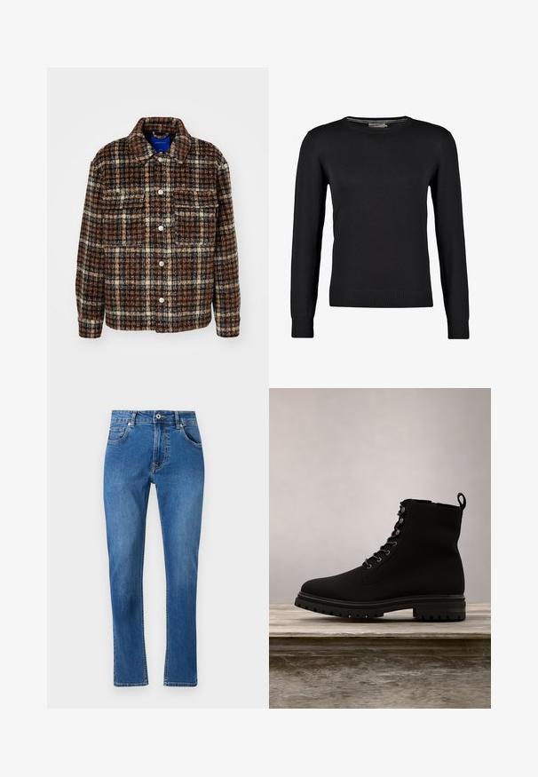 Chaqueta a cuadros en marrón, crema y navy. Hecha de tejido texturizado con un cuello, cierre de botones y dos bolsillos en el pecho.; Suéter negro de punto con mangas largas, cuello redondo y puños y dobladillo de canalé. Textura suave y diseño ajustado.; Jeans de mezclilla azul con diseño de pierna recta, cinco bolsillos y detalles de costura visibles. El material muestra un ligero desvanecimiento. Estilo clásico.; Botín negro de tobillo hecho de material suave. Presenta un diseño de cordones, puntera redonda y suela de goma con un patrón de tracción.