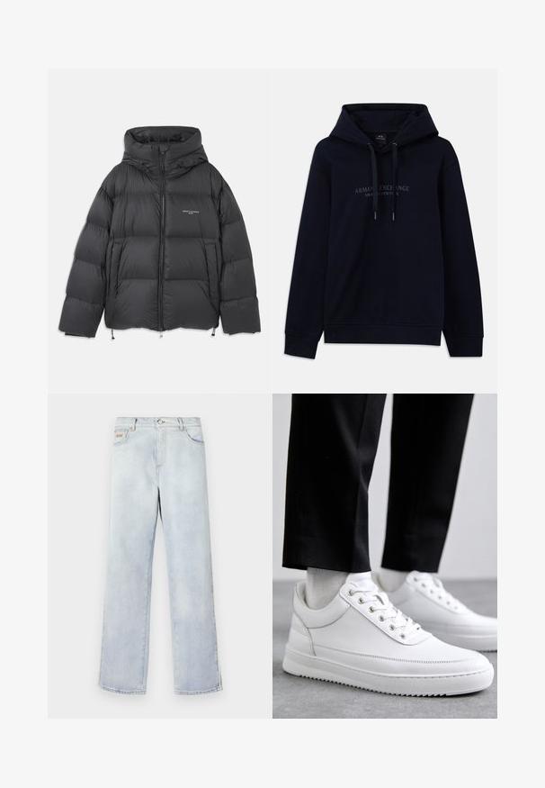 Schwarze Pufferjacke mit hohem Kragen und Kapuze, gestepptem Design, Frontreißverschluss und verstellbaren Kordeln am Saum und an der Kapuze.; Navyblaue Kapuzenjacke mit Kordelzügen und dem Aufdruck "Armani Exchange Milano / New York" auf der Brust, mit gerippten Bündchen und Saum.; Hellblaue Jeans aus Denim mit geradem Bein, ausgestattet mit einem Knopfverschluss, fünf Taschen und Kontrastnähten.; Weiße Leder-Sneaker mit flacher Gummisohle, ausgestattet mit einer glatten Oberfläche, runder Zehenpartie und Metallösen für die Schnürsenkel. Getragen mit schwarzen Hosen.