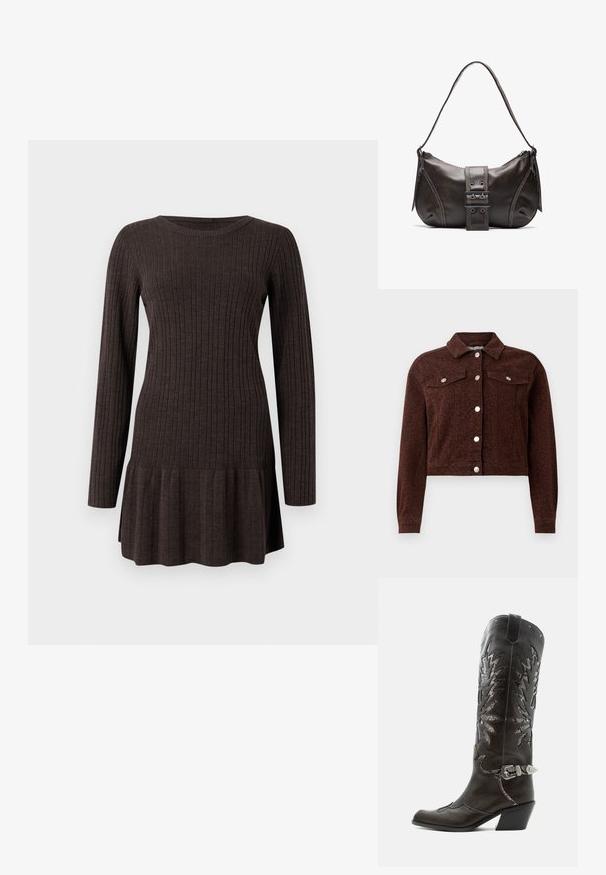 Chaqueta de mezclilla marrón recortada con estampado de leopardo oscuro, botones a presión plateados, dos bolsillos en el pecho y mangas largas.; Vestido marrón acanalado con mangas largas, que presenta un dobladillo acampanado. Está hecho de un material suave y texturizado, que proporciona una silueta ajustada.; Bota cowboy de cuero negro con recortes decorativos, hebilla plateada y tacón inclinado, presentada sobre fondo blanco.; Bolso de hombro de cuero marrón con forma curva, que presenta un prominente detalle de hebilla, costuras en contraste y una sola correa para el hombro.
