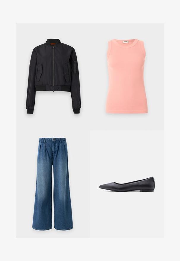 Schwarze Bomberjacke mit Frontreißverschluss, zwei Klappentaschen, geripptem Kragen und Bündchen sowie einer Reißverschlusstasche am linken Ärmel.; Ärmelloses, geripptes pinkfarbenes Tanktop mit Rundhalsausschnitt und Drykorn-Etikett am hinteren Kragen, präsentiert auf hellem einfarbigem Hintergrund.; Weite Jeans aus mittlerem blauen Denim, mit Falten am Bund und einem flachen Vorderdesign. Einfacher Saum ohne sichtbare Verzierungen.; Schwarzer flacher Lederschuh mit spitzer Kappe und niedrigem Absatz, seitlich vor weißem Hintergrund gezeigt.
