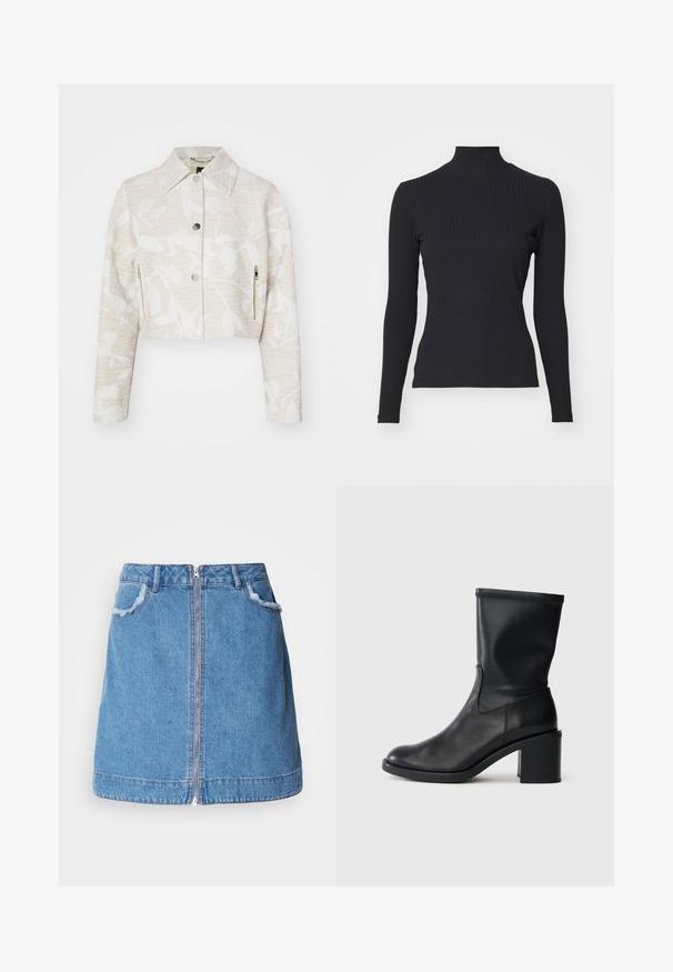 Forkortet jakke i lys beige struktureret stof med et blomstermotiv, der har spidse kraver, trykknapper foran og sidelommer med lynlås.; Sort ribbet turtle-sweater med lange ærmer. Lavet af strækbart stof med en tætsiddende pasform og høj krave. Enkel design uden udsmykninger.; Lyseblå denim nederdel med en frontlynlås, flosset kant på lommerne og lige snit design. Kantlinjen er let buet.; Sort læder ankelstøvle med rund tå, glat tekstur og en grov hæl, der har et tætsiddende skaft og subtil syning.