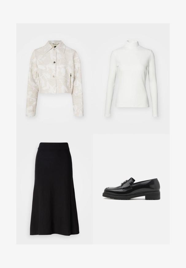 Forkortet jakke i lys beige struktureret stof med et blomstermotiv, der har spidse kraver, trykknapper foran og sidelommer med lynlås.; Hvid ribbet turtleneck blouse med lange ærmer, lavet af elastisk stof. Har et tætsiddende design og høj hals for god dækning.; Sort strikfløjet nederdel med bred talje, midi-længde, glat tekstur og ingen synlige mønstre eller hardware detaljer.; Sorte lakerede loafers med lav blokhæl, syet tå og metalspænde detaljer på oversiden, vist i sideprofil på hvid baggrund.