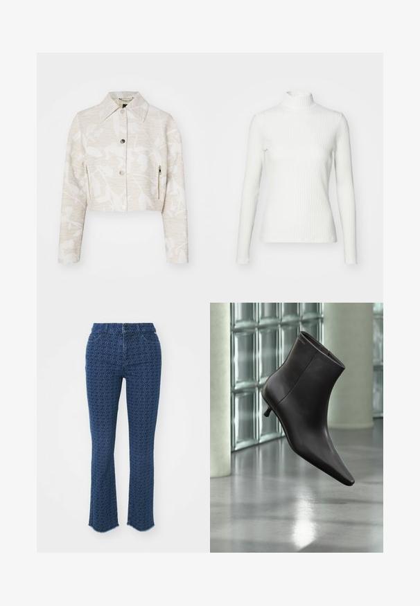 Forkortet jakke i lys beige struktureret stof med et blomstermotiv, der har spidse kraver, trykknapper foran og sidelommer med lynlås.; Hvid ribbet turtleneck blouse med lange ærmer, lavet af elastisk stof. Har et tætsiddende design og høj hals for god dækning.; Mørkeblå jeans med et gentaget cirkulært mønster, lige benudskæring, flossede kanter og traditionelt fem-lomme-design, med en frontknaplukning.; Sort læderankelstøvle med spids tå og lille hæl vist mod en væg af glasblokke og poleret gulv baggrund.