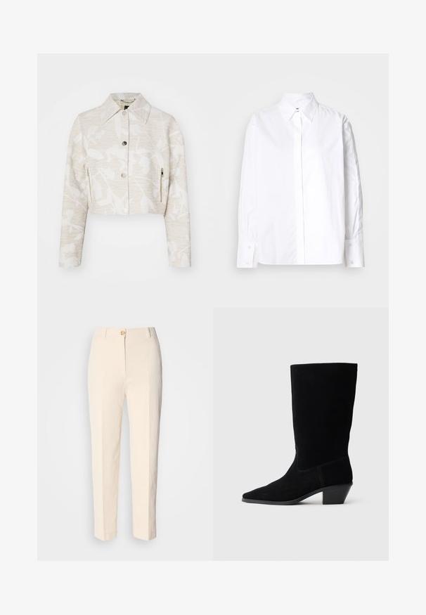 Forkortet jakke i lys beige struktureret stof med et blomstermotiv, der har spidse kraver, trykknapper foran og sidelommer med lynlås.; Hvid skjorte med klassisk krave, lange ærmer og manchetter. Fremstillet af glat stof, den har en midt foran placket.; Cremefarvede, højtaljede bukser lavet af tekstureret stof. Har en lukning med knap foran og tætsiddende ben.; Sort ruskind ankelstøvle med spidse tæer, mellemhøj skaft og en chunky hæl. Fuldender et minimalistisk design med lidt syninger og en glat tekstur.