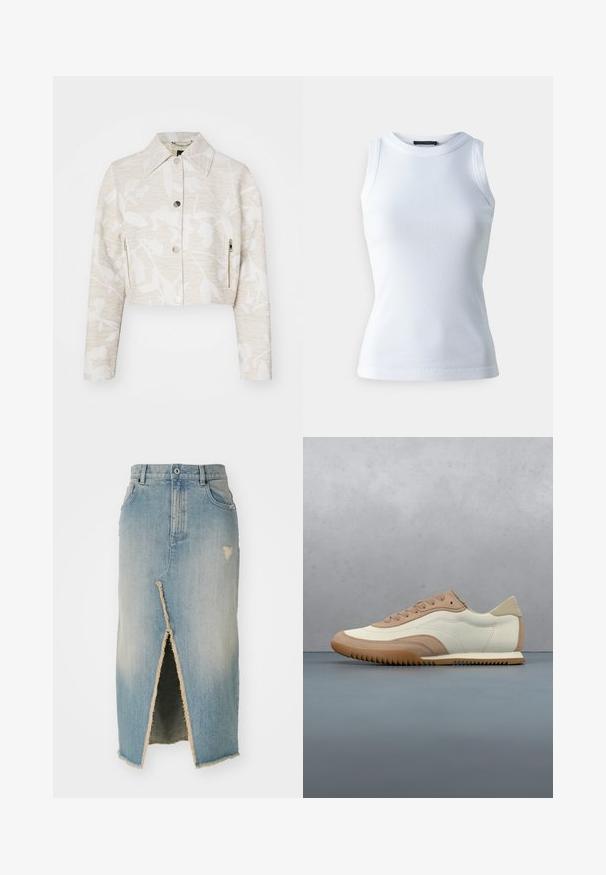 Forkortet jakke i lys beige struktureret stof med et blomstermotiv, der har spidse kraver, trykknapper foran og sidelommer med lynlås.; Hvid ærmeløs top lavet af ribbet stof, med en rund halsudskæring og en tætsiddende silhuet. Glat tekstur, ingen synlige mønstre eller detaljer.; Denim nederdel, lyseblå, midtlængde med frayed kant. Har en frontslids og slidte detaljer nær taljen og kanten.; Sneaker i creme og beige med tekstureret overdel, snørebånd og gummisål, vist oven på en træoverflade med småsten.