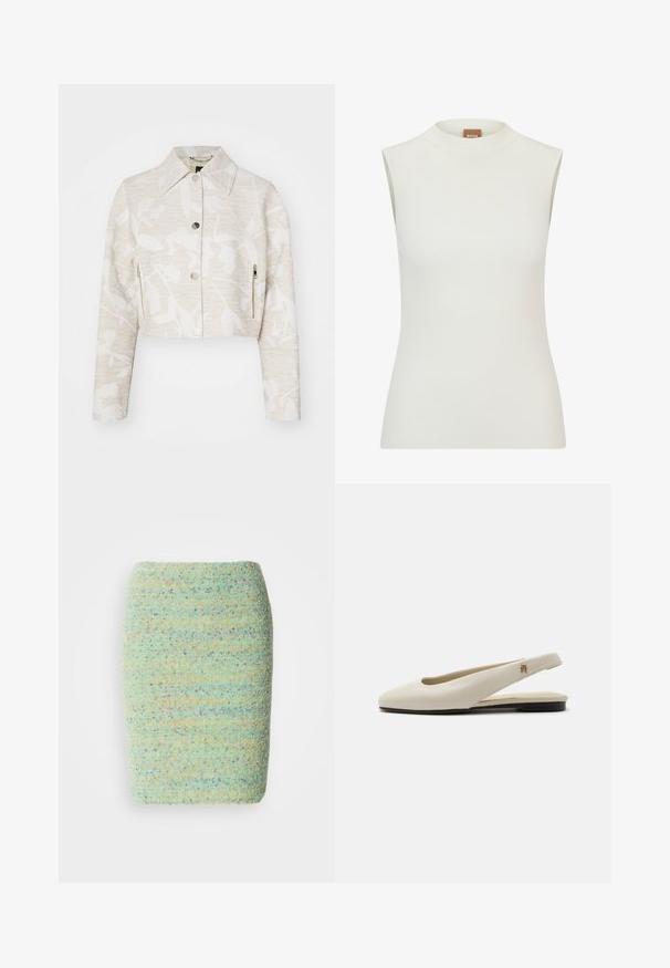 Forkortet jakke i lys beige struktureret stof med et blomstermotiv, der har spidse kraver, trykknapper foran og sidelommer med lynlås.; Hvid, ærmeløs top med høj halsudskæring, der har en ribbet tekstur og et tætsiddende design. Brandlabel "BOSS" synlig på kraven.; Knelang nederdel lavet af struktureret, pletret stof i pastelfarvet grøn med nuancer af blå, orange og lilla.; Flatsko i cremefarvet læder med rundet tå og lille guldemblem på remmen.