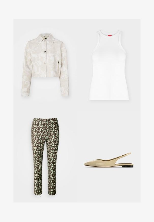 Forkortet jakke i lys beige struktureret stof med et blomstermotiv, der har spidse kraver, trykknapper foran og sidelommer med lynlås.; Hvid ærmeløs ribbet tanktop med høj rund hals og tætsiddende pasform vist på en ensartet lys baggrund.; Brune og grønne mønstrede bukser med bladdesign, slim fit, med en glat tekstur og ingen synlige lukninger eller lommer.; Beige spids tå slingback flad sko med lav sort hæl og en glat læderfinish, vist fra siden på en ensfarvet baggrund.