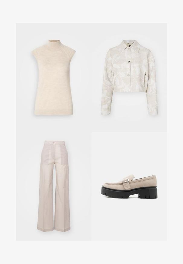 Forkortet jakke i lys beige struktureret stof med et blomstermotiv, der har spidse kraver, trykknapper foran og sidelommer med lynlås.; Beige højhalset ærmeløs top, lavet af blød, tekstureret stof. Har raglan-skulder og en tætsiddende silhuet. Velegnet til lagdelte outfits.; Beige brede bukser lavet af et letvægtigt vævet stof, med høj talje, enkelt frontknaplukning og en subtil tekstur.; Beige ruskindslipper med sølvspænde og tyk sort kraftig sål, set fra siden på hvid baggrund.