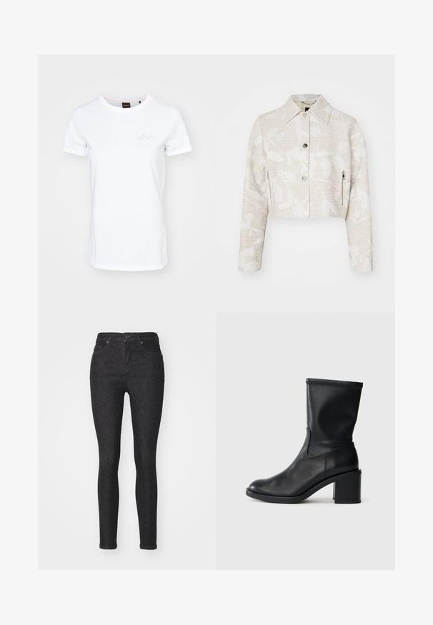 Forkortet jakke i lys beige struktureret stof med et blomstermotiv, der har spidse kraver, trykknapper foran og sidelommer med lynlås.; Hvid kortærmet T-shirt lavet af bomuld. Har en rund halsudskæring og et subtilt broderet logo på brystet. Glat overflade.; Sorte denim skinny jeans med en tætsiddende form, klassisk fem-lomme design, frontknaplukning og diskrete syninger.; Sort læder ankelstøvle med rund tå, glat tekstur og en grov hæl, der har et tætsiddende skaft og subtil syning.