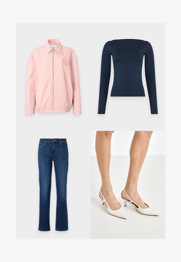 Lichtroze jas met ritssluiting, kraag, lange mouwen, twee zijzakken en een klein logo op de linkerborst.; Marineblauw, langärmeliges, figurbetontes Damenoberteil mit weitem Bootsausschnitt und glattem, elastischem Stofffinish.; Donkerblauwe jeans met rechte pijpen, voorzakken, ceintuurlussen, knoopsluiting en zichtbare stiknaden op een witte achtergrond.; Beige gepatineerde leren slingback hakken met een spitze neus en een hak van 5 cm, met uitsparingen aan de zijkanten en een dunne enkelband.