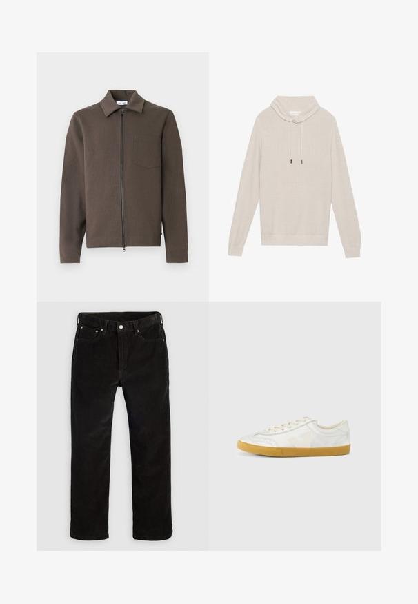 Bruine zip-up jas met een kraag, lange mouwen, gestructureerde stof en een borstzak. Eenvoudig en functioneel ontwerp.; Beige gebreide trui met een col, trekkoordaccenten, lange mouwen en ribgebreide manchetten en onderrand, met een gestructureerde stof.; Zwarte fluwelen rechte broek met voorste knoop, ritssluiting, lussen voor een riem en vijf-pocketdesign op een effen lichte achtergrond.; Witte leren sneaker met een gladde textuur, voorzien van een beige 'V' logo, ronde neus, vetersluiting en een zool van gumrubber.