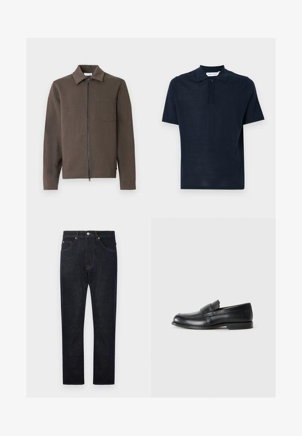 Braune Jacke mit Reißverschluss, Kragen, langen Ärmeln, strukturiertem Stoff und einer einzelnen Brusttasche. Einfaches und funktionales Design.; Navyblaues Poloshirt aus weichem Material, kurze Ärmel, klassischer Kragen, Knopfleiste mit drei Knöpfen und entspannte Passform.; Dunkelblaue Denim-Jeans mit geradem Bein, ausgestattet mit fünf Taschen, kontrastierenden orangen Nähten und einem Knopfverschluss an der Taille.; Schwarze Leder-Loeffler mit abgerundetem Zehenbereich, gesteppten Details und einer flachen Gummisohle. Verfügt über ein breites Band über dem Fußrücken.