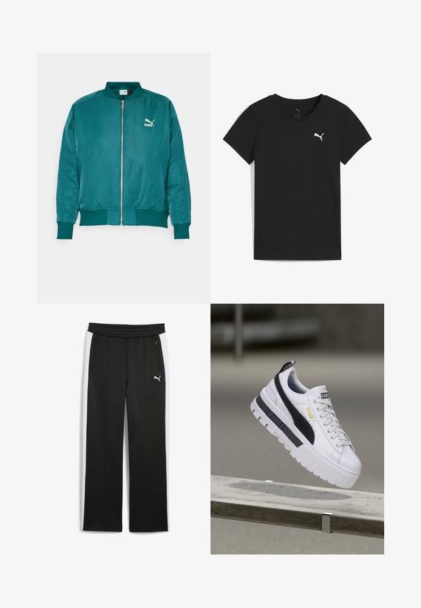 Teal bomberjakke lavet af glat, letvægtsstof. Har en frontlynlås, sidelommer og et hvidt Puma-logo på brystet.; Sort Puma T-shirt med korte ærmer, rund hals og hvidt Puma-logo på venstre bryst.; Sort træningsbukser med hvide sidelister, lavet af blødt stof. Har elastisk talje og lynlåslommer til sikker opbevaring.; Hvid Puma platform-sneaker med sort stribe og gyldent logo, svævende over en betonbænk i udendørs omgivelser.