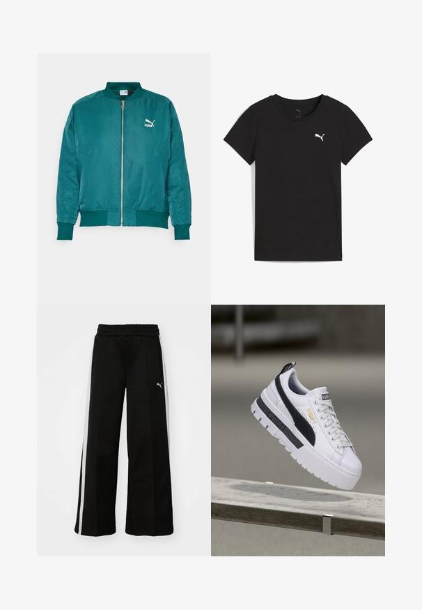 Teal bomberjack gemaakt van gladde, lichte stof. Voorzien van een ritssluiting aan de voorkant, zijzakken en een wit Puma-logo op de borst.; Zwart Puma T-shirt met korte mouwen, ronde hals en wit Puma-logo op de linkerborst.; Zwarte wijde broek met een elastische tailleband, verticale witte strepen, zijzakken met rits en een klein logo op de bovenbeen.; Witte Puma platform sneaker met zwarte streep en gouden logo, zwevend boven een betonnen bankje in een buitenomgeving.