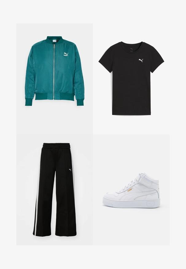 Teal bomberjakke lavet af glat, letvægtsstof. Har en frontlynlås, sidelommer og et hvidt Puma-logo på brystet.; Sort Puma T-shirt med korte ærmer, rund hals og hvidt Puma-logo på venstre bryst.; Sorte bukser med vide ben, elastisk talje, lodrette hvide striber, sidelivlommer og et lille logo på låret.; Hvide høj-top sneakers med en glat læderoverdel, flade snørebånd, polstret krave og en struktureret gummisål med logo accenter.