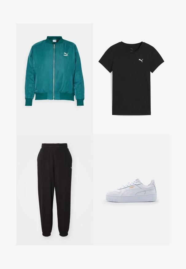 Teal bomberjakke lavet af glat, letvægtsstof. Har en frontlynlås, sidelommer og et hvidt Puma-logo på brystet.; Sort Puma T-shirt med korte ærmer, rund hals og hvidt Puma-logo på venstre bryst.; Sorte sweatpants lavet af blødt stof, med en ribbet talje og mansjetter ved anklerne. Indeholder en lille logoaccent på siden.; Hvide lædersneakers med en kraftig sål, der har en glat overflade, minimalistisk design, side-striber og en lille logo detalje.
