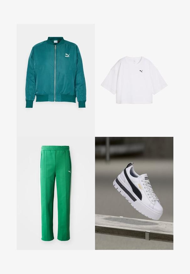 Teal bomberjakke lavet af glat, letvægtsstof. Har en frontlynlås, sidelommer og et hvidt Puma-logo på brystet.; Hvid cropped t-shirt lavet af bomuld. Har en rund halsudskæring og løse korte ærmer. Sort Puma-log på venstre bryst.; Grønne atletiske bukser med en tekstureret finish, elastisk talje, sidelommer og hvide sidelister. Brøndens logo synligt foran.; Hvid Puma platform-sneaker med sort stribe og gyldent logo, svævende over en betonbænk i udendørs omgivelser.
