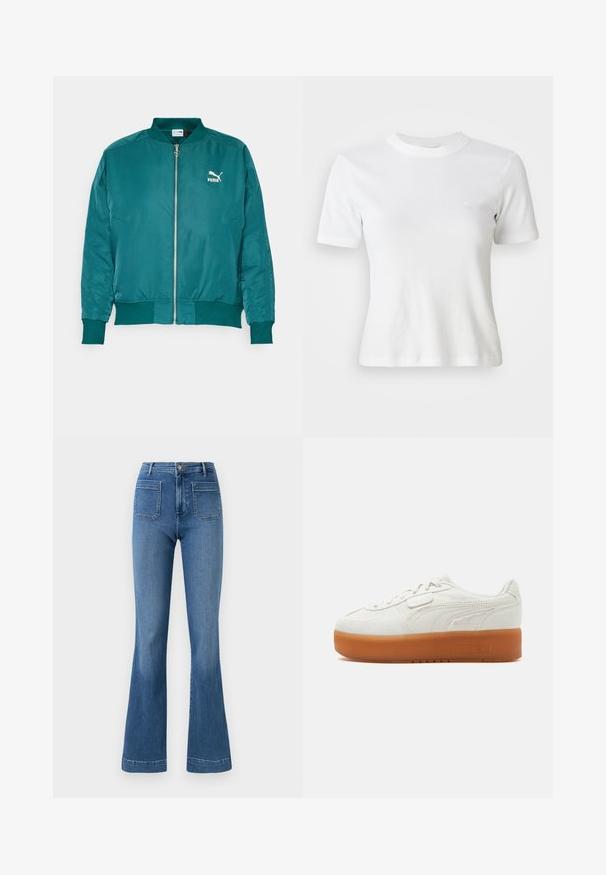 Veste bomber teal en tissu lisse et léger. Dotée d'une fermeture éclair à l'avant, de poches latérales et d'un logo Puma blanc sur la poitrine.; T-shirt blance à manches courtes en côte, avec un col rond et un petit logo sur la poitrine. Fabriqué en tissu doux avec une coupe ajustée.; Jean évasé en denim de couleur bleue avec une taille mi-haute, comportant deux poches arrière et un ourlet net. Texture lisse et design classique.; Baskets basses blanches avec semelle épaisse en caoutchouc marron, détail coutures sur les côtés et fermeture à lacets avec petite bride en Velcro.