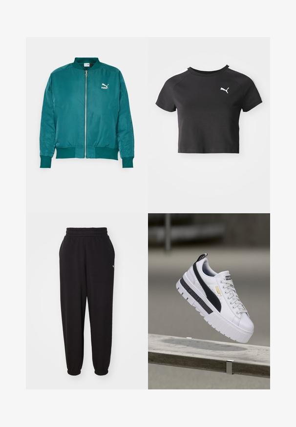 Teal bomberjakke lavet af glat, letvægtsstof. Har en frontlynlås, sidelommer og et hvidt Puma-logo på brystet.; Sort cropped t-shirt lavet af bomuld, med rund halsudskæring, korte raglanærmer og et hvidt Puma-logo på venstre bryst.; Sorte sweatpants lavet af blødt stof, med en ribbet talje og mansjetter ved anklerne. Indeholder en lille logoaccent på siden.; Hvid Puma platform-sneaker med sort stribe og gyldent logo, svævende over en betonbænk i udendørs omgivelser.