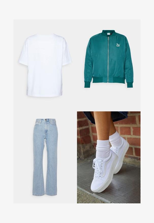 Teal bomberjakke lavet af glat, letvægtsstof. Har en frontlynlås, sidelommer og et hvidt Puma-logo på brystet.; Enkelt hvid kortærmet bomulds t-shirt vist bagfra mod en lys grå baggrund.; Lysblå denimjeans med høj talje, bred benudskæring, med bæltestropper, knaplukning foran og klassisk fem-lommer stil.; Hvide lærreds sneakers med gummisåler, der har seks snørehuller, rund tå og let sømdetaljer, krydret med hvide ankelstrømper.