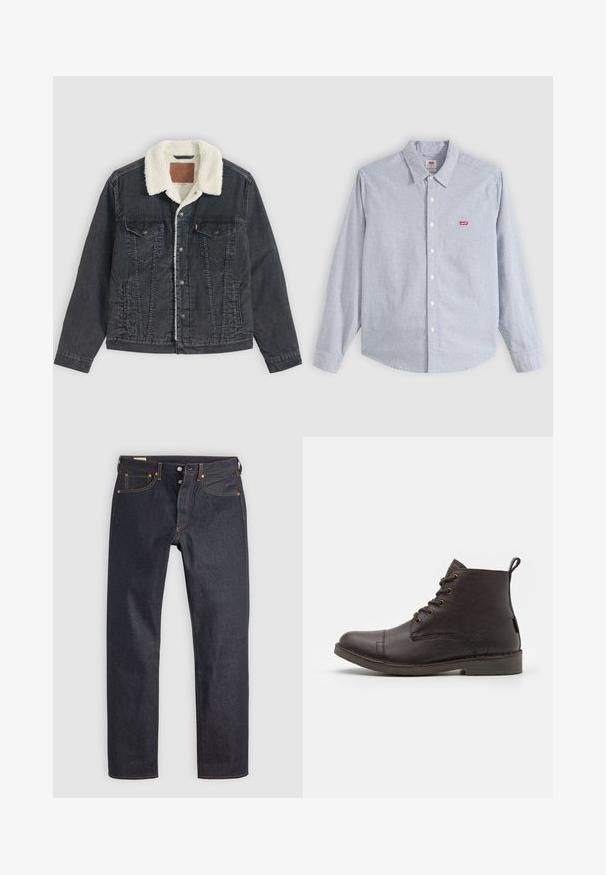 Schwarze Jeansjacke mit weißem Sherpa-Futter und Kragen, Knopfleiste vorne, zwei Brustklappen und Seitentaschen, flach auf hellem Hintergrund liegend.; Langärmeliges, hellblau-weiß gestreiftes Hemd mit Knopfleiste, Kragen und kleinem rotem Levi's-Logo auf der linken Brust.; Dunkelblaue Jeans aus Denim mit geradem Bein, versehen mit orangefarbener Naht und klassischem Five-Pocket-Design. Verschluss mit Knopf und Reißverschluss.; Braune Lederstiefeletten mit glatter Textur, runder Zehenpartie, sechs Metallösen und einer Schlaufe an der Rückseite. Flache Gummisohle.