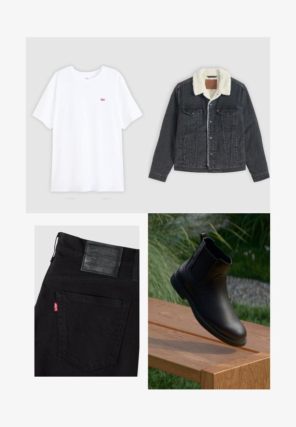 Chaqueta de denim negra con forro y cuello de sherpa blanco, cierre de botones, dos bolsillos con solapa en el pecho y bolsillos laterales, colocada plana sobre fondo claro.; Camiseta blanca de algodón con mangas cortas y cuello redondo. Presenta un pequeño logo rojo de Levi's en el lado izquierdo del pecho. Diseño plano, sin patrones.; Vaqueros Levi's negros mostrando el bolsillo trasero derecho con la etiqueta roja de Levi's y el parche de cuero negro de la marca con la talla W32 L.; Bota de cuero negro hasta el tobillo con paneles laterales elásticos, puntera redonda y suela de goma texturizada, suspendida sobre una mesa de madera.