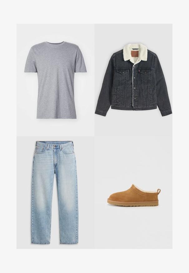 Schwarze Jeansjacke mit weißem Sherpa-Futter und Kragen, Knopfleiste vorne, zwei Brustklappen und Seitentaschen, flach auf hellem Hintergrund liegend.; Graues, kurzärmliges T-Shirt aus einem Baumwollmischgewebe, das über einen klassischen Rundkragen verfügt und eine glatte, weiche Textur aufweist.; Helleblaue Jeans im geraden Schnitt mit fünf Taschen, Metallknopfverschluss und verblasstem Detail an Oberschenkeln und Knien, flach auf einem weißen Hintergrund ausgebreitet.; Brauner Wildleder-Slipper mit weichem, weißem Fellfutter, rundem Zeh und Gummisohle mit kleinen Profilmustern.