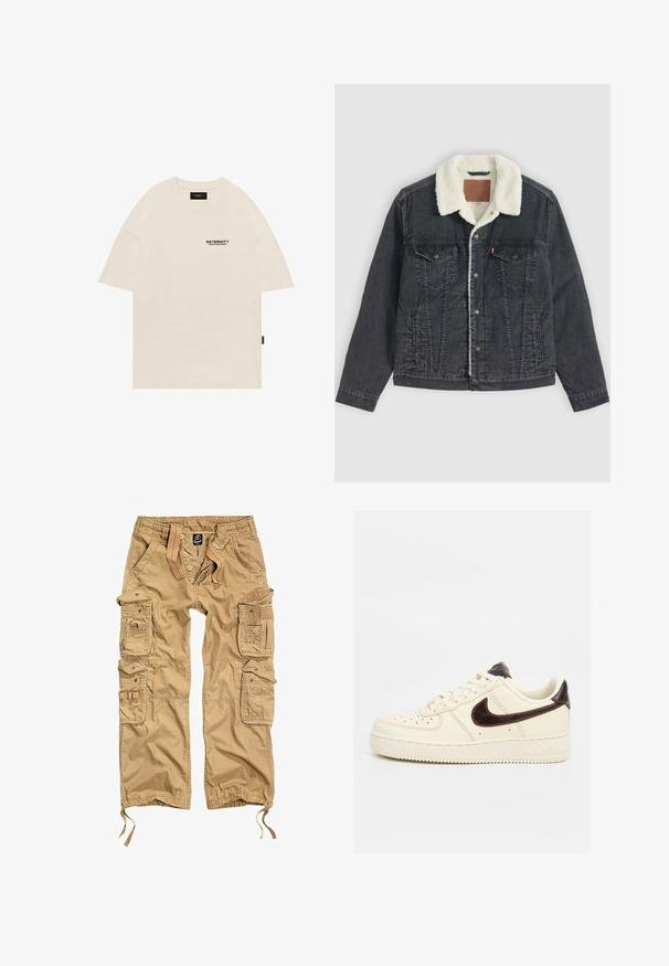 Veste en denim noire avec doublure sherpa blanche et col, fermeture par boutons, deux poches poitrine à rabat et poches latérales, étalée à plat sur un fond clair.; T-shirt en coton beige avec un col rond, au design surdimensionné, et un logo imprimé noir sur la poitrine gauche. Manches courtes à coupe droite.; Pantalons cargo kaki avec plusieurs poches latérales, fermeture à bouton, taille élastique et poignets ajustables. Fabriqués en tissu durable.; Sneakers basses beige Nike Air Force 1 avec logo swoosh noir, lacets beiges et semelle beige sur fond neutre.