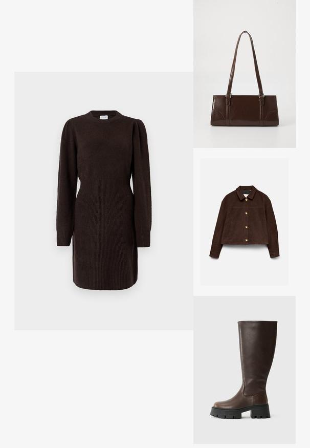 Tumepruun seemisnahast jakk pikkade varrukatega, klassikalise kraega, ees kuldsed nööbid ja küljetaskud heledal taustal.; Tumepruun, kudum Kleid ümmarguse kaelusega, pikad puffvarrukad ja soonikustruktuur vööl ja mansettidel. Sile kehatekstuur.; Pruunid põlvikud, mis on valmistatud siledast sünteetilisest nahast, koos musta turske platvormtaldrikuga ja minimaalsete õmblustega, et saavutada šikk disain.; Pruun läikiv naha käekott, millel on ristkülikuline kuju, kaks pikka käepidet ja esipaneelil peened kõverad aktsendid.