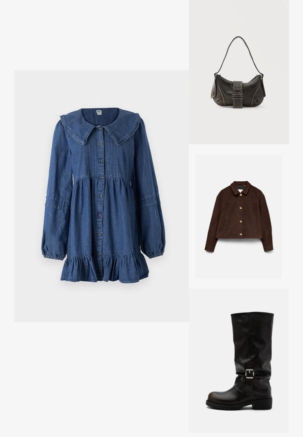 Tumepruun seemisnahast jakk pikkade varrukatega, klassikalise kraega, ees kuldsed nööbid ja küljetaskud heledal taustal.; Sinine teksat Kleid, millel on suur krae, nape ees, pikkade varrukatega, kogutud vöökoht ja laienev rüüse. Pehme tekstuur ja detailne õmblus.; Kõrge must nahast saabas ümmarguse varbaosaga, madala kontsa, külje pandlaga ja kergelt lõdva varrega valgel taustal.; Mustast nahast õlakott pandlanööriga detailiga, kõverate servade ja kontrastse valge õmblusega tavalise tausta peal.
