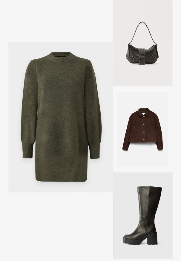 Veste en suède marron foncé avec manches longues, col classique, boutons dorés à l'avant et poches latérales sur un fond clair.; Robe pull en tricot vert olive à manches longues, avec un col rond en côtes, des poignets et un ourlet.; Botte en cuir marron hauteur genoux avec un bout rond, une épaisse plateforme noire et un talon carré. Présente une texture lisse et des détails de couture minimalistes.; Sac à épaule en cuir noir avec une sangle à boucle, des bords arrondis et des coutures blanches contrastées sur un fond uni.