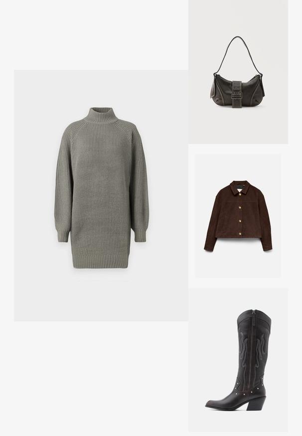 Dunkelbraune Wildlederjacke mit langen Ärmeln, klassischem Kragen, goldenen Knöpfen vorne und seitlichen Taschen auf hellem Hintergrund.; Übergroßer grauer Strickpullover mit hohem Kragen, gerippten Bündchen und strukturierter Oberfläche. Verfügt über gesenkte Schultern und eine lockere Passform.; Braune Cowboy-Stiefel aus Leder mit Flammenstickerei, seitlichem Reißverschluss, silbernen Nieten, spitzer Zehenpartie und geschichtetem Absatz.; Schwarze Leder-Schultertasche mit Schnallengurt-Detail, abgerundeten Kanten und kontrastierenden weißen Nähten auf schlichtem Hintergrund.