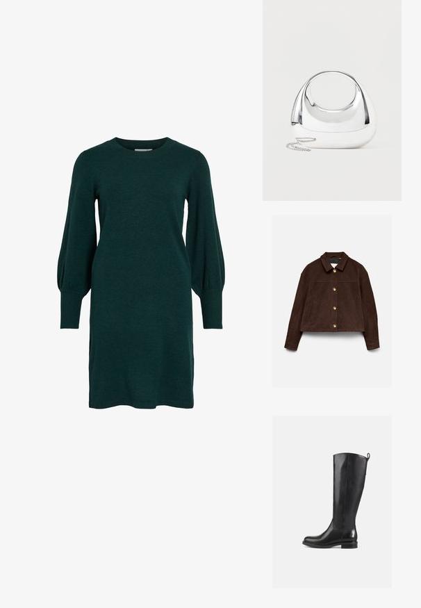 Chaqueta de ante marrón oscuro con mangas largas, cuello clásico, botones dorados delanteros y bolsillos laterales sobre un fondo claro.; Vestido de punto verde con escote redondeado, mangas largas abullonadas y puños acanalados. La tela parece suave con una textura lisa.; Botas de cuero negras hasta la rodilla con un acabado suave, punta redondeada, tacón bajo y una lengüeta en la parte posterior. Diseño minimalista sin patrones visibles.; Bolso metálico plateado brillante con forma redondeada, asa ovalada recortada y una correa de cadena plateada sobre un fondo claro liso.