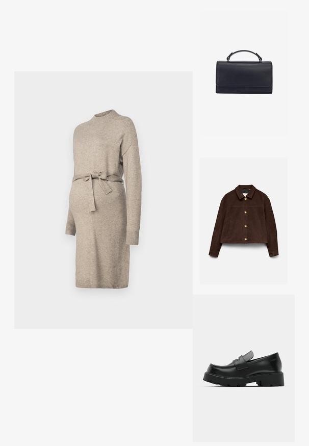Chaqueta de ante marrón oscuro con mangas largas, cuello clásico, botones dorados delanteros y bolsillos laterales sobre un fondo claro.; Vestido de maternidad de punto en beige claro con cuello redondo, mangas largas y lazo en la cintura. Presenta puños acanalados y un diseño de longitud media.; Mocasines de cuero negro con suela gruesa y texturizada, que presentan una correa sobre el empeine y un acabado suave y pulido.; Bolso de mano de cuero negro con diseño estructurado, frente plano y asa corta. Textura suave con detalles de costura limpia.