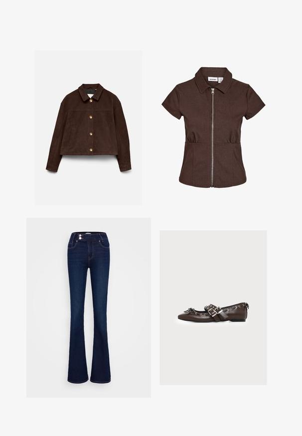 Chaqueta de ante marrón oscuro con mangas largas, cuello clásico, botones dorados delanteros y bolsillos laterales sobre un fondo claro.; Camisa marrón de manga corta con cuello y cremallera plateada frontal, cintura ligeramente fruncida, de la marca Noisy May, mostrada sobre fondo blanco.; Vaqueros azules oscuros acampanados hechos de mezclilla, con cintura alta, dos bolsillos delanteros y cierre de cremallera y botón con costuras en contraste.; Zapato plano de cuero marrón con doble correa con hebilla plateada, cordones decorativos a lo largo de los bordes y un pequeño lazo en la puntera puntiaguda.
