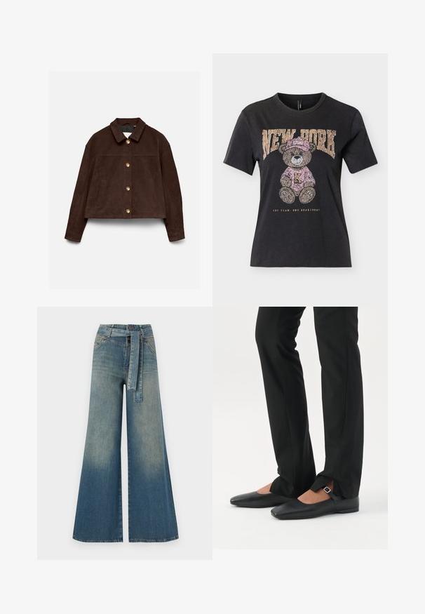 Donkerbruine suède jas met lange mouwen, klassieke kraag, gouden knopen aan de voorkant en zijzakken op een lichte achtergrond.; Zwart T-shirt met korte mouwen met een teddybeer die een roze hoed en trui draagt, de tekst "NEW YORK" erboven en "ONE TEAM. ONE HEARTBEAT." eronder.; Wijduitlopende denim broek met een lichte naar donkere blauwe gradient, hoge taille, riemlussen en een bijpassende stoffen riem. Gestructureerde denimafwerking.; Benen met zwarte smalle broek met voorsplitten aan de zoom, gecombineerd met zwarte platte Mary Jane-schoenen met een klein gespje.