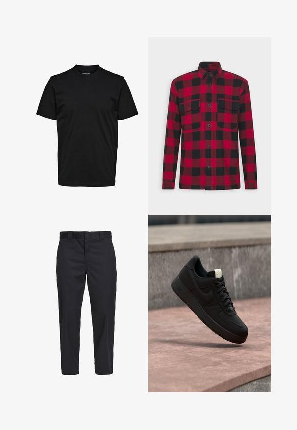 TOM TAILOR DENIM OVERSHIRT - Overgangsjakke - red/black; Simpel sort T-shirt med korte ærmer, rund hals og almindelig pasform uden synlige mønstre eller logoer.; Sorte chinos lavet af letvægts bomuldsstof, med lige ben, sidelommer og en knaplukning i taljen.; Sort Nike Air Force 1 sneaker, der svæver over en lyserød betonforkant med en grå stenet baggrund, som viser sidde- og topdetaljer.
