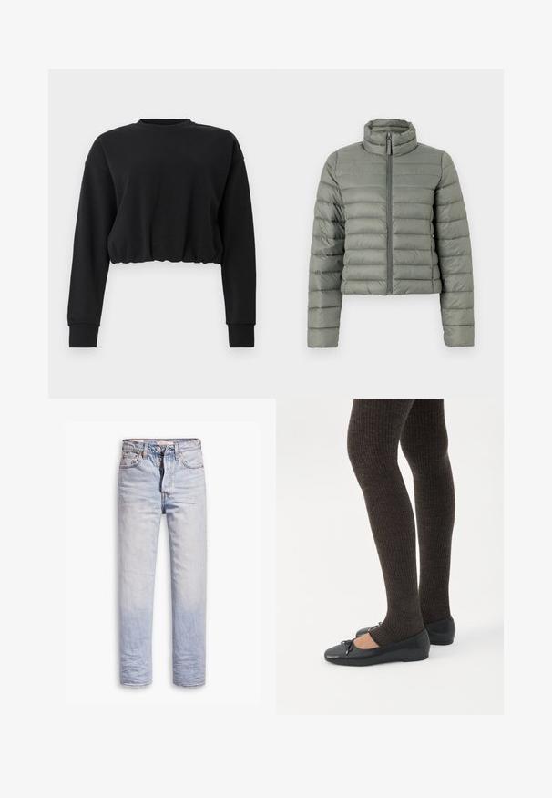 Doudoune en vert atténué, avec un col haut, une fermeture éclair et un matelassage horizontal pour l'isolation. Design court et ajusté.; Sweatshirt noir cropped en tissu doux. Présente des manches longues, un col rond et un ourlet froncé pour un ajustement décontracté. Design simple.; Jean en denim bleu clair avec une coupe droite, dotés d'une fermeture à boutons, de cinq poches et d'un léger délavage sur les jambes.; Jambes portant des leggings côtelés foncés associés à des ballerines noires avec de petits détails en nœud sur fond blanc.