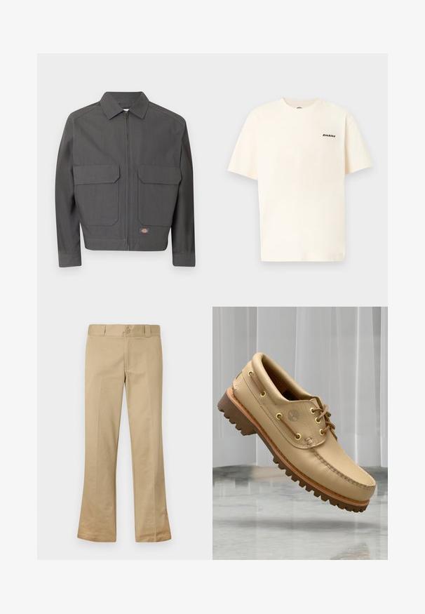 Chaqueta gris oscuro con cremallera, cuello puntiagudo y dos grandes bolsillos delanteros con solapa, con un pequeño logotipo rectangular de la marca cerca del dobladillo.; Camiseta de algodón color crema con mangas cortas, que presenta un pequeño logo negro de "Dickies" en el área del pecho izquierdo. Corte sencillo y relajado.; Pantalones acampanados beige fabricados con una mezcla de algodón, que cuentan con un cierre de botón, pasadores para cinturón y un frente plano con textura suave.; Zapato náutico de cuero marrón claro con suela gruesa y estriada y detalles de cordones, flotando sobre un suelo de mármol y un fondo de persianas verticales blancas.